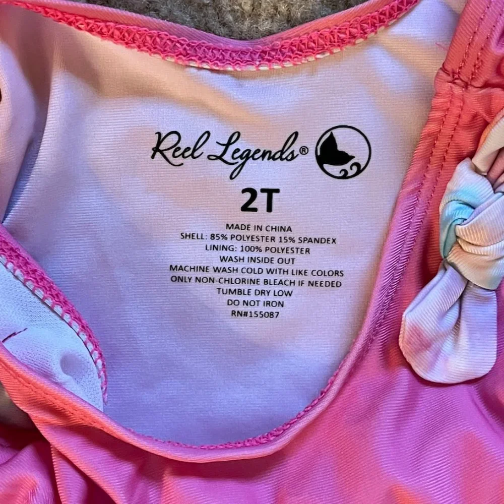 NWT Reel Legends girls 2T two-piece swimsuit, pink and tie-dye multi-colored